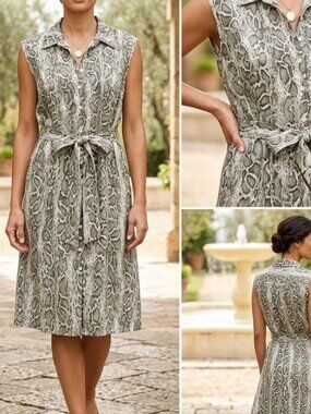 Laura Bianchi Italy 100% Linen Snake Print Sleeveless Shirt Dress Neutral Size L